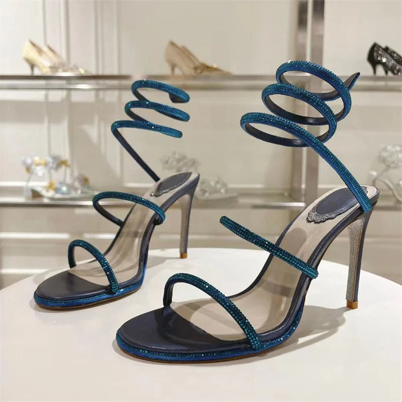 Summer Crystal Gladiator Sandals Women Rhinestone Twine Around Ankle Snake Wedding Shoes High Heels Sandals Woman