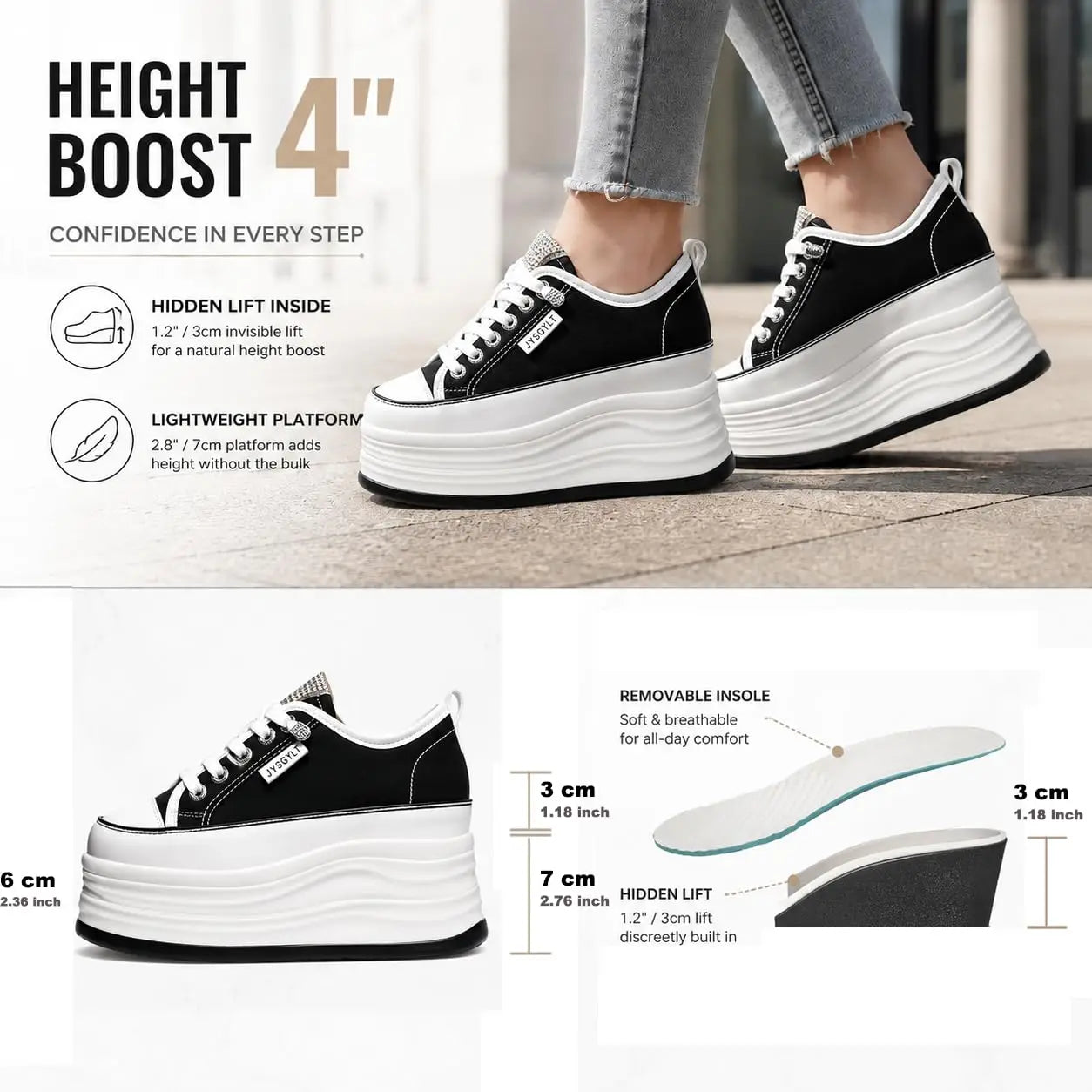 Fujin Casual Shoes For Woman Shoes on Platform Heel Shoes 9 cm 3 inch  White Comfortable High Heel Hidden Chunky Wedge Sneakers