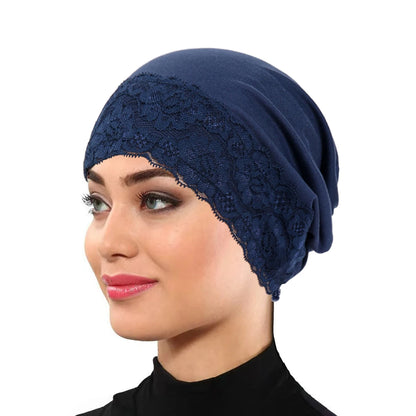 2026 New Lace Elastic Headscarf Cap Solid Color Base Cap Hair Care Cap Muslim Turban Hat Hijab Islamic headscarf Women's Hijabs