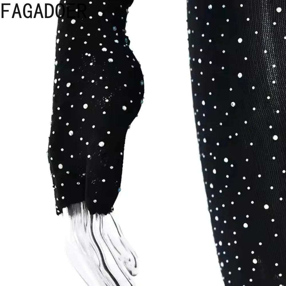 FAGADOER Spring Summer New Sexy Jumpsuits Women See Through Hollow Out Rhinestone Patchwork Rompers Female Streetwear Overalls