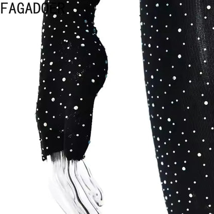 FAGADOER Spring Summer New Sexy Jumpsuits Women See Through Hollow Out Rhinestone Patchwork Rompers Female Streetwear Overalls