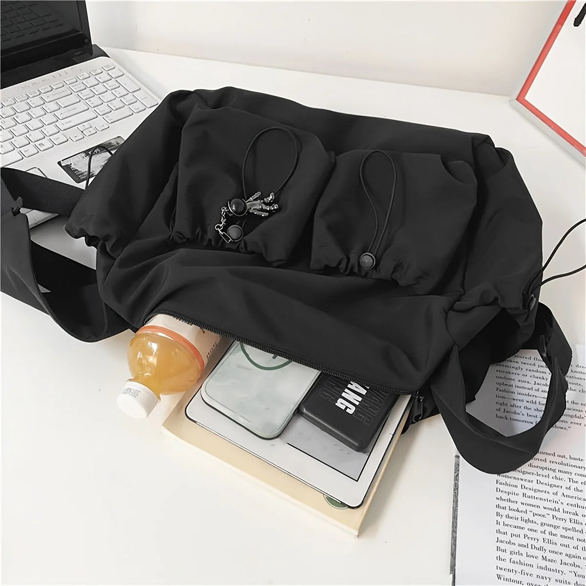 Fashionable Crossbody Bag with Drawstring Accent - Spacious & Secure Zipper Closure - Includes Stylish Bag Charm