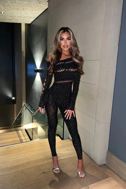 FAGADOER Spring Summer New Sexy Jumpsuits Women See Through Hollow Out Rhinestone Patchwork Rompers Female Streetwear Overalls
