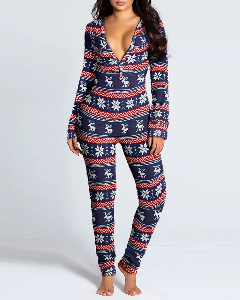 New Women Pajamas Sexy V-neck Jumpsuit Plaid Casual Long Sleeve Pyjama Button-down Front Functional Buttoned Flap Sleepwear