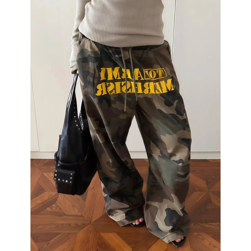 Women Brown Baggy Camouflage Pants Oversize Parachute Pants Harajuku Japanese 2000s Style Vintage Y2k Trousers Clothes Autumn