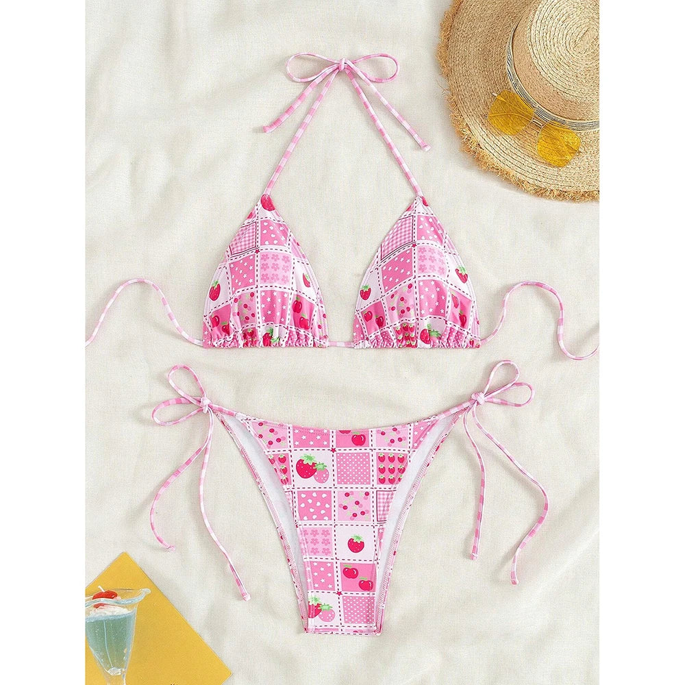 Swimsuit 2026 Female Micro Bikini Women Swimwear Summer Beachwear Women's Bathing Suit Floral Print Neck Halter Thong Bikini Set