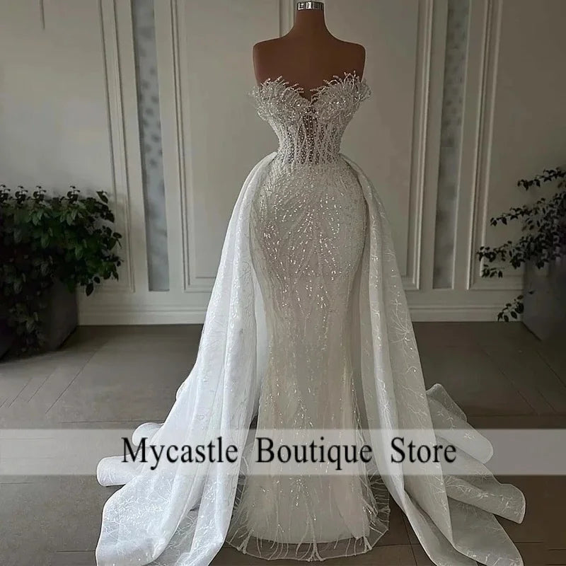 Luxurious Mermaid Wedding Dresses 2026 Bride Strapless Heavy Beaded Lace 2 In 1 Detachable Overskirts Bridal Gown Customized