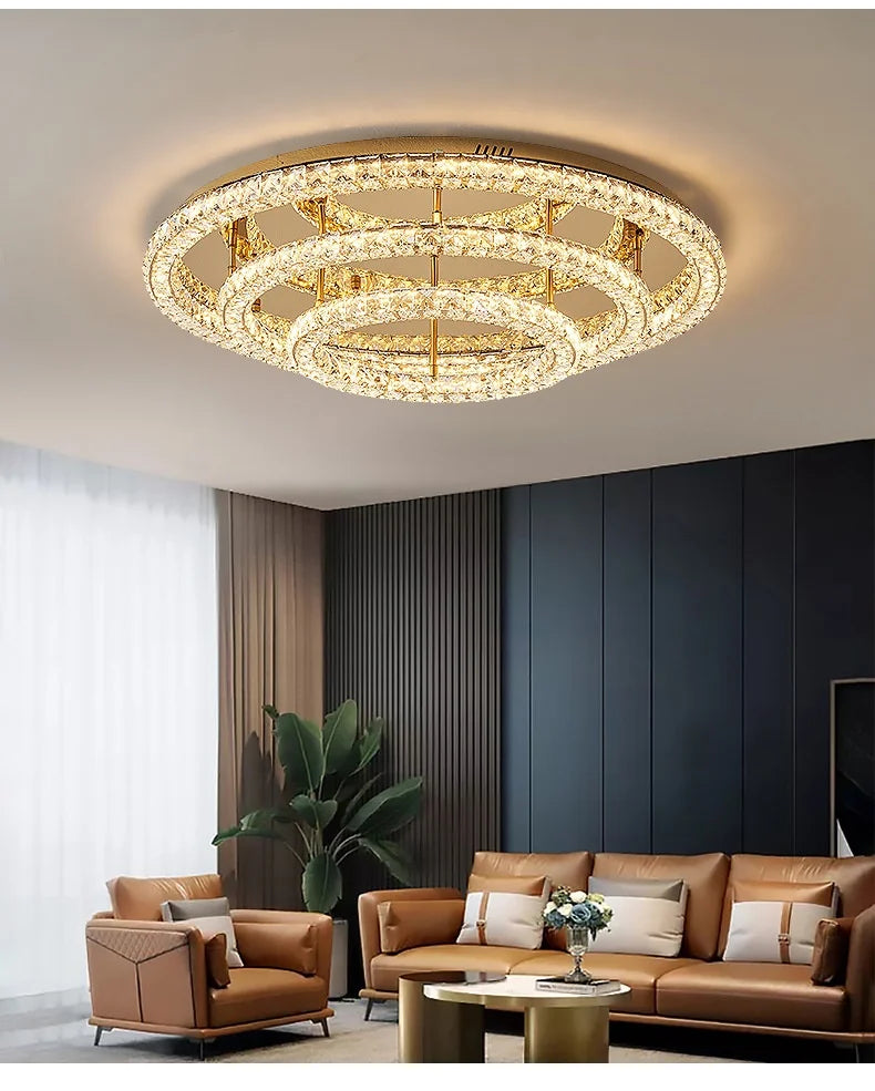 Modern Luxury Led Dimmable Chandelier Foyer Crystal Ceiling Lights Lustre Indoor Light Lamparas Round Steel Led Luminarias