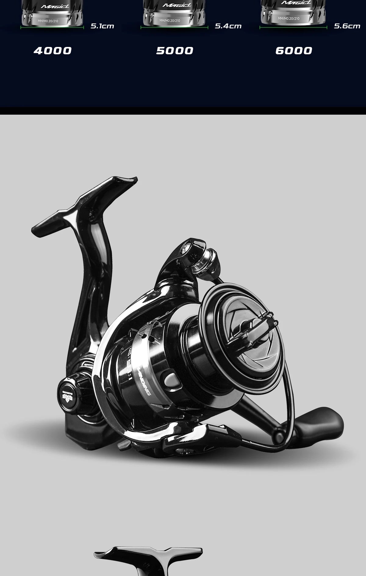 HANDING Lite Spinning Reel 5,2:1 Gear Ratio Black Spinning Reel 7kg Max Drag Spinning Reel 1000-6000Size 3+1 Ball Bearings
