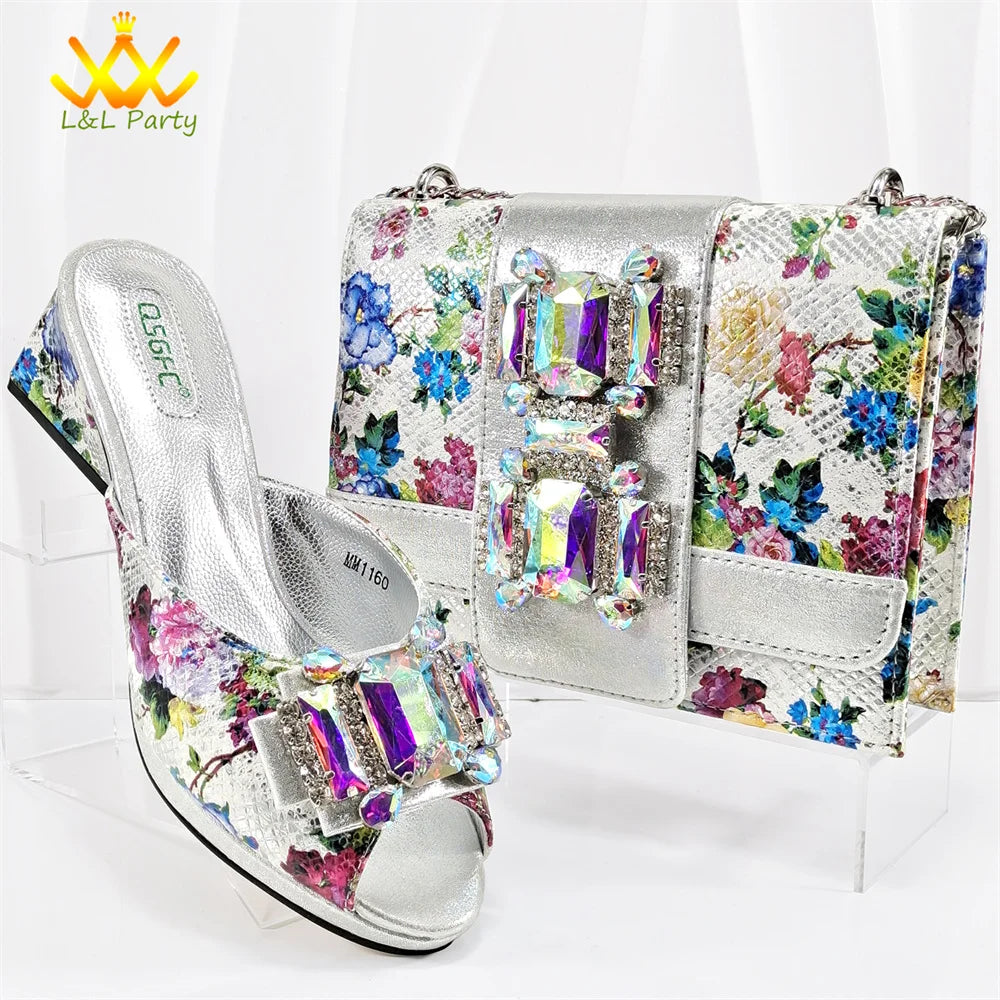 Italian New Arrivals Shoes and Bag Set in Green Color High Quality Specials Design Slipper with Crystal for Wedding Dress