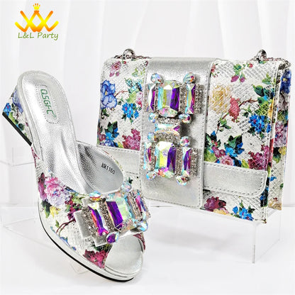 Italian New Arrivals Shoes and Bag Set in Green Color High Quality Specials Design Slipper with Crystal for Wedding Dress
