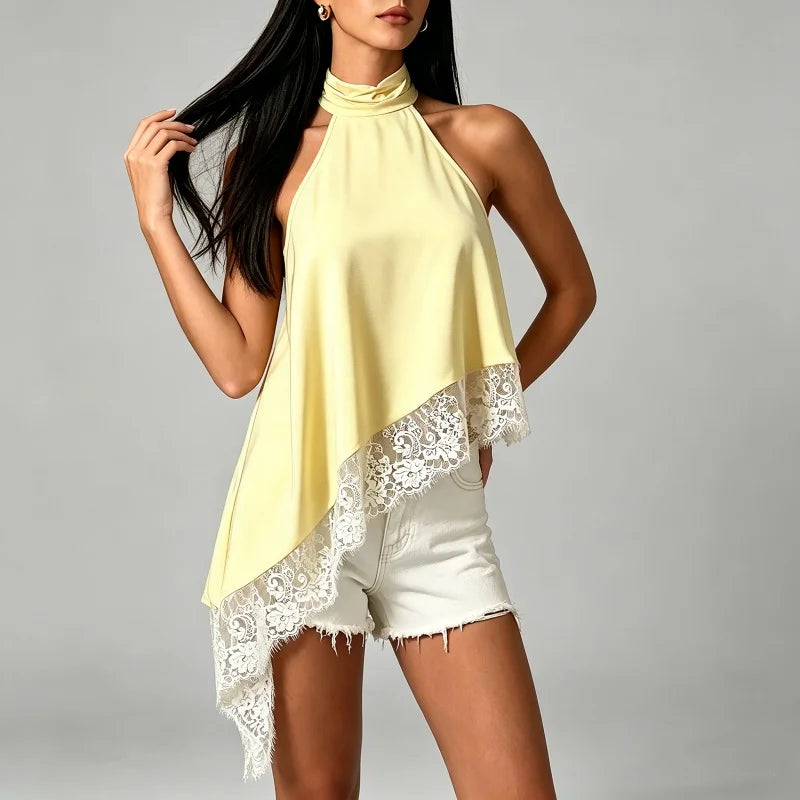 Women Y2k Mock Neck Halter Top Satin Lace Asymmetrical Hem Tank Tops Sleeveless Elegant Going Out Crop Tops