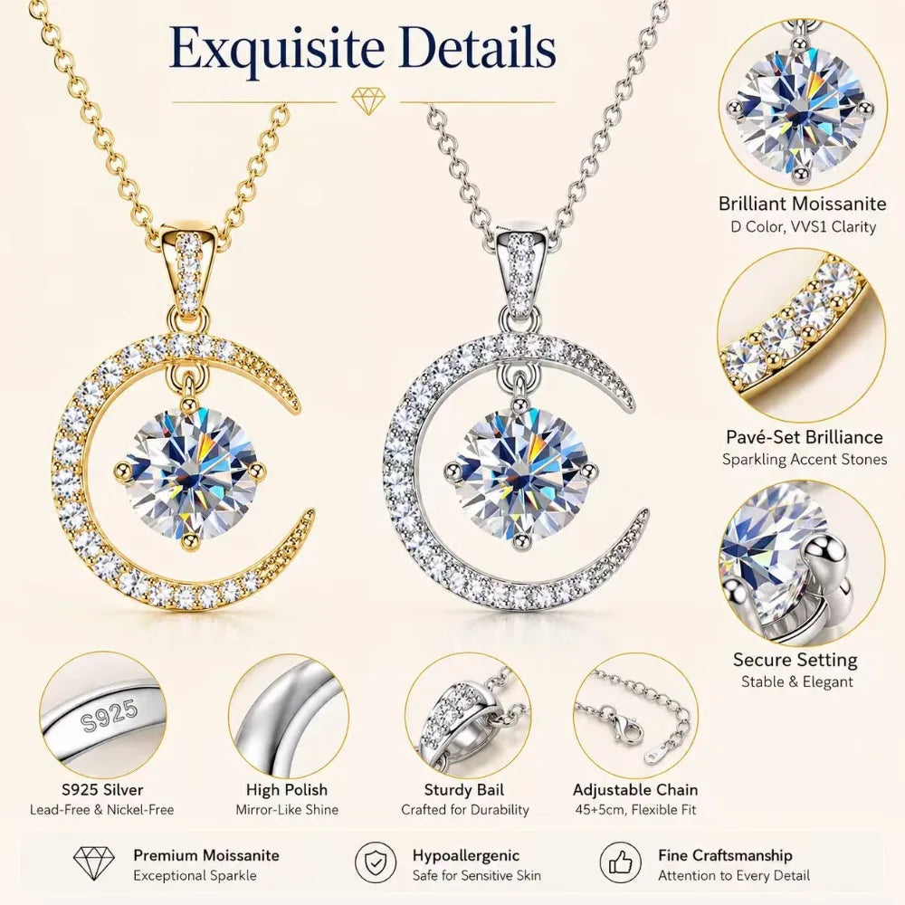 S925 Sterling Silver Moissanite Crescent Moon Necklace Dancing Stone Pendant Gold Silver Tone Fine Jewelry Gift for Women