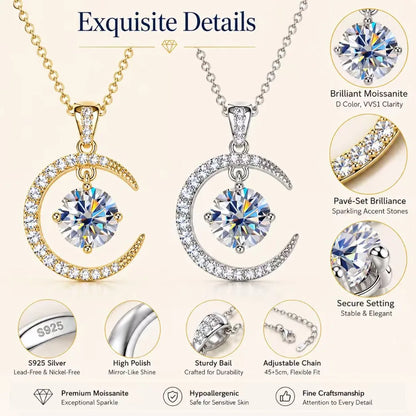 S925 Sterling Silver Moissanite Crescent Moon Necklace Dancing Stone Pendant Gold Silver Tone Fine Jewelry Gift for Women