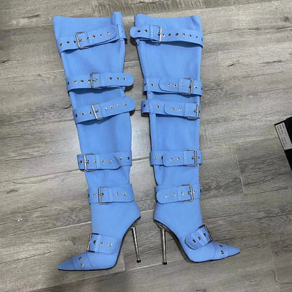 New Women Denim Metal Rivet Buckle Sandals Women Sexy Punk Style Pointed Hollow Metal 11cm High Heel Knee High Boots Size34-43