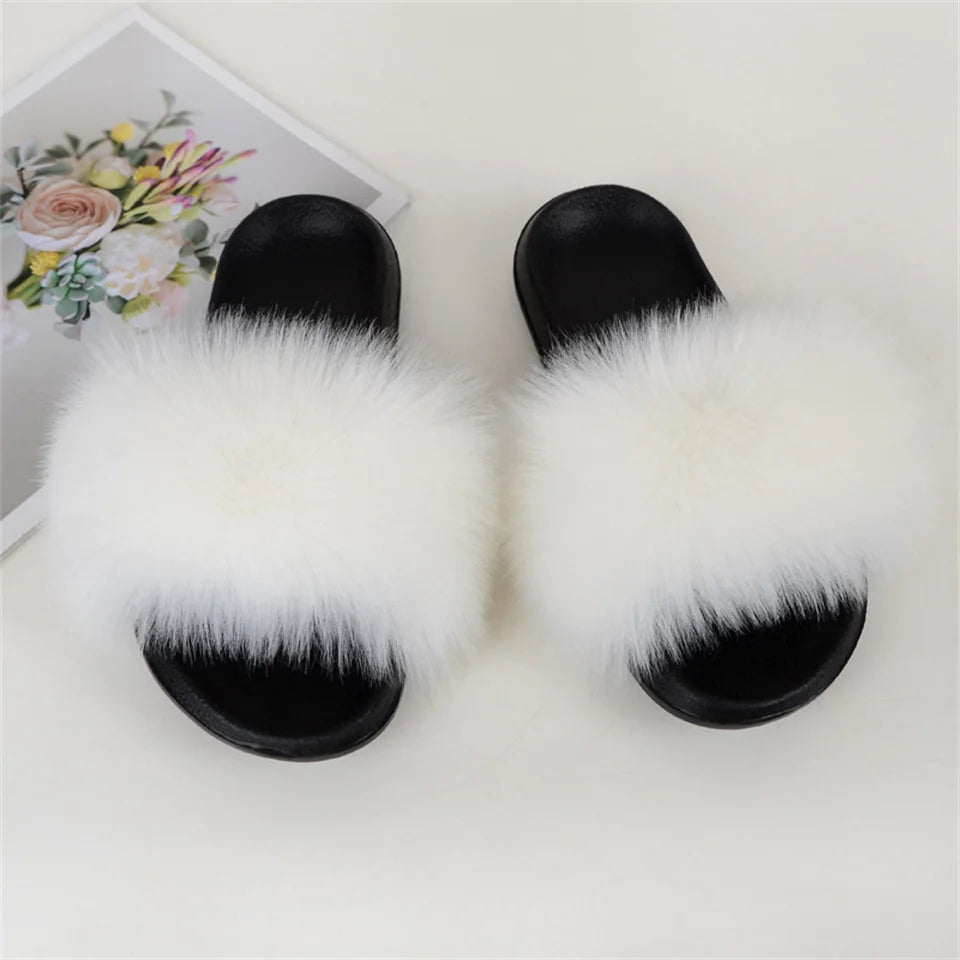 Women's Summer Faux Fur Fox Fur Slippers Fashion Luxury Indoor and Outdoor Non-Slip Solid Color Flat Bottom Furry Sandals