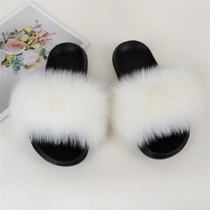 Women's Summer Faux Fur Fox Fur Slippers Fashion Luxury Indoor and Outdoor Non-Slip Solid Color Flat Bottom Furry Sandals