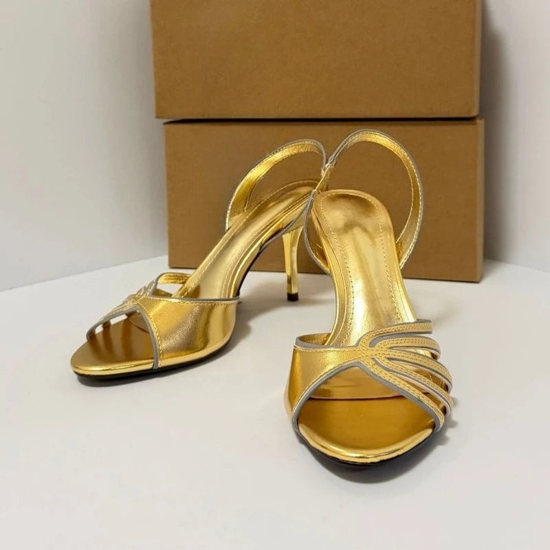 Luxury Gold High Heeled Sandals Women Summer Open Toe Hollow Ankle Strap High Heels for Ladies Elegant Wedding Bridal Shoes