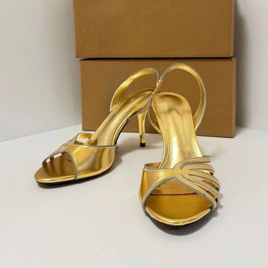 Luxury Gold High Heeled Sandals Women Summer Open Toe Hollow Ankle Strap High Heels for Ladies Elegant Wedding Bridal Shoes