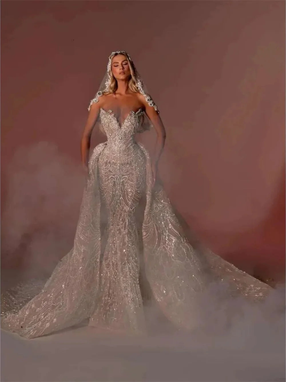Luxury Mermaid Wedding Dress Beading Crystal Sequins Strapless Bride Gown Lace Detachable Sweep Train Bridal Dresses Customized