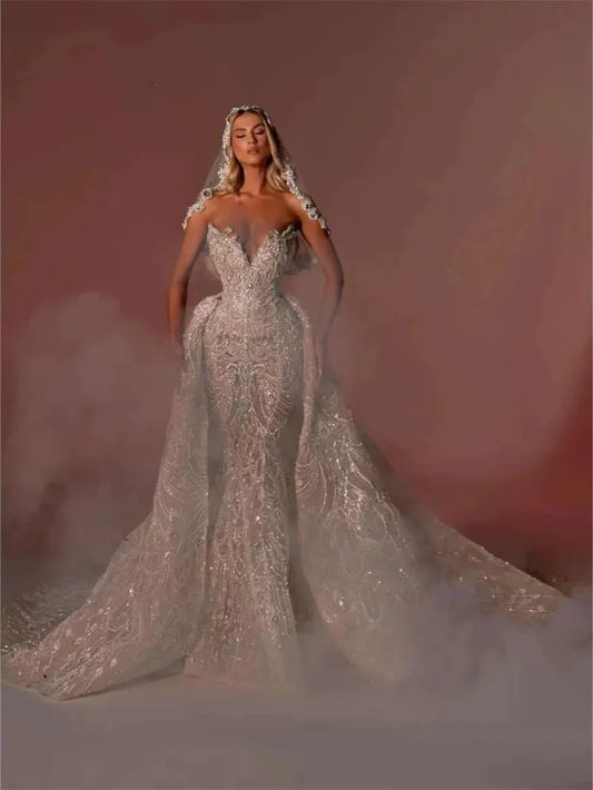 Luxury Mermaid Wedding Dress Beading Crystal Sequins Strapless Bride Gown Lace Detachable Sweep Train Bridal Dresses Customized