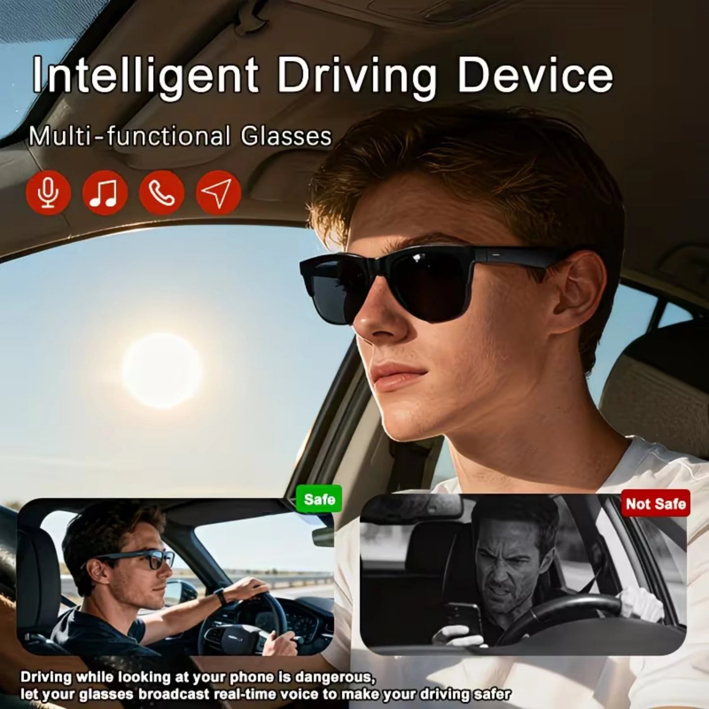 Smart Translation Glasses, Support Real-Time Translation, Bluetooth Music Glasses, Large Speakers, Wireless Connection, Long Battery Life