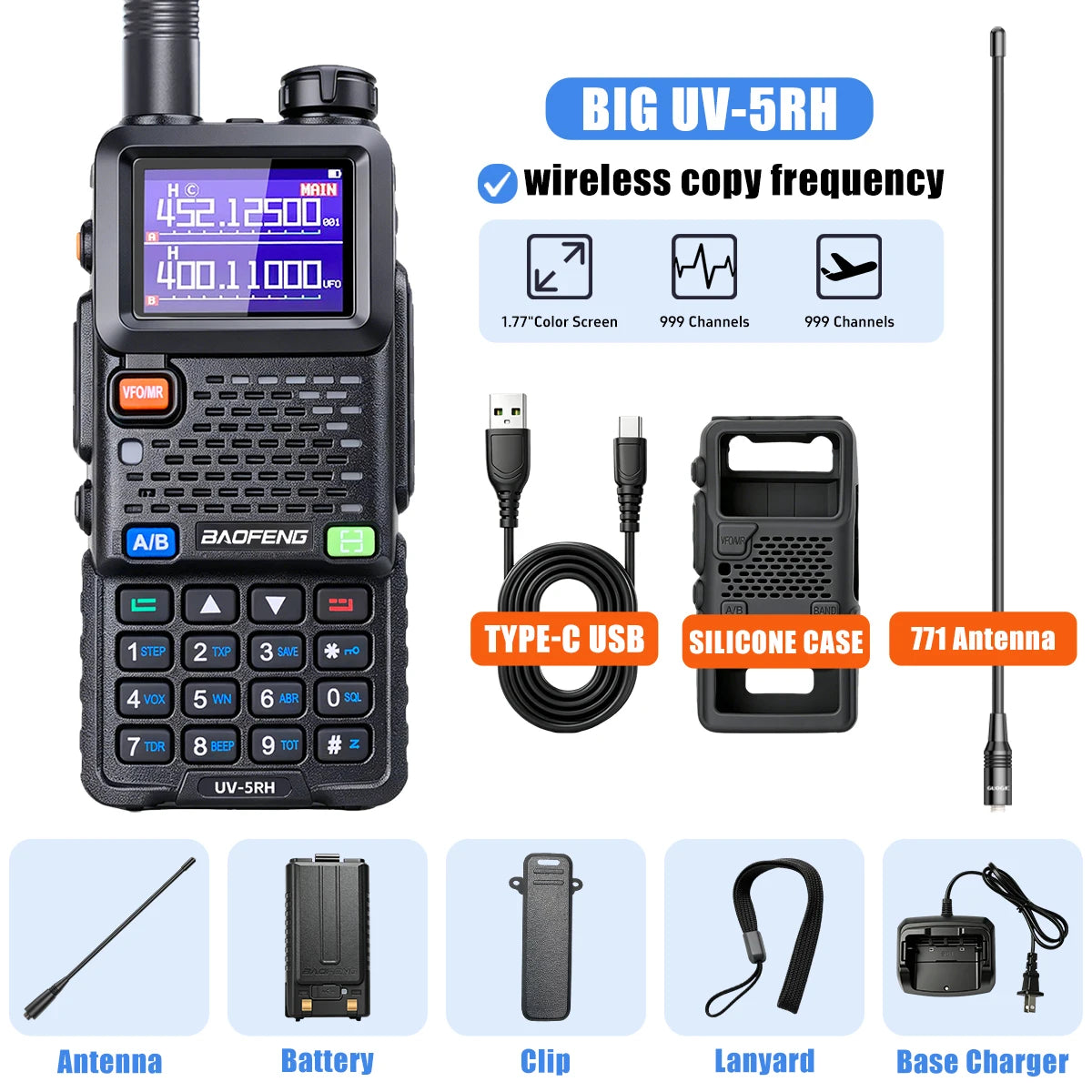Baofeng UV5RH Walkie-Talkie, NewWireless Copy Model, Type-C NOAA Long Range 999CH, Car-Mounted Handheld Transceiver, Fleet