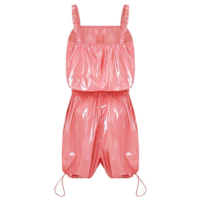 Womens Glossy Waterproof Diaper Cover Sling Bodysuit Waistband Drawstring Legs One-piece Cami Rompers Adaptive Short Jumpsuit