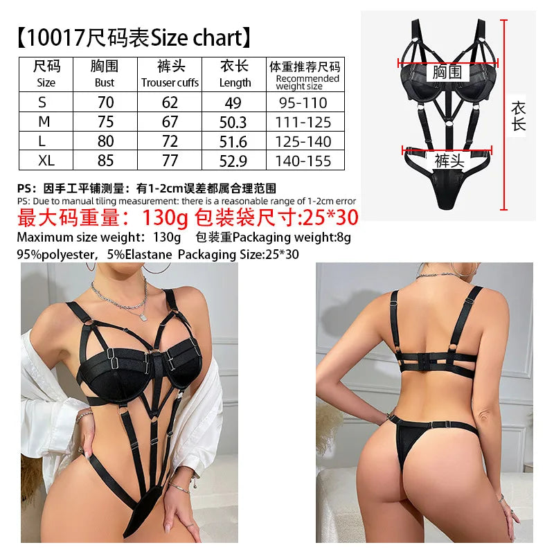 Magdalyn Women Sexy Intimate Strappy Bodysuits Fashion Underwire Push Up Skinny Rompers Slim Hollow Solid Black Rompers Lingerie