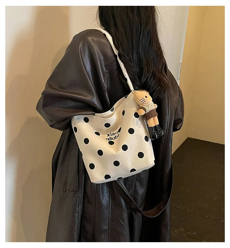Korean Style Niche Linen Dot Shoulder Bag Women New Fashion Large Capacity Bucket Bag Casual Versatile Commuting Underarm Bag