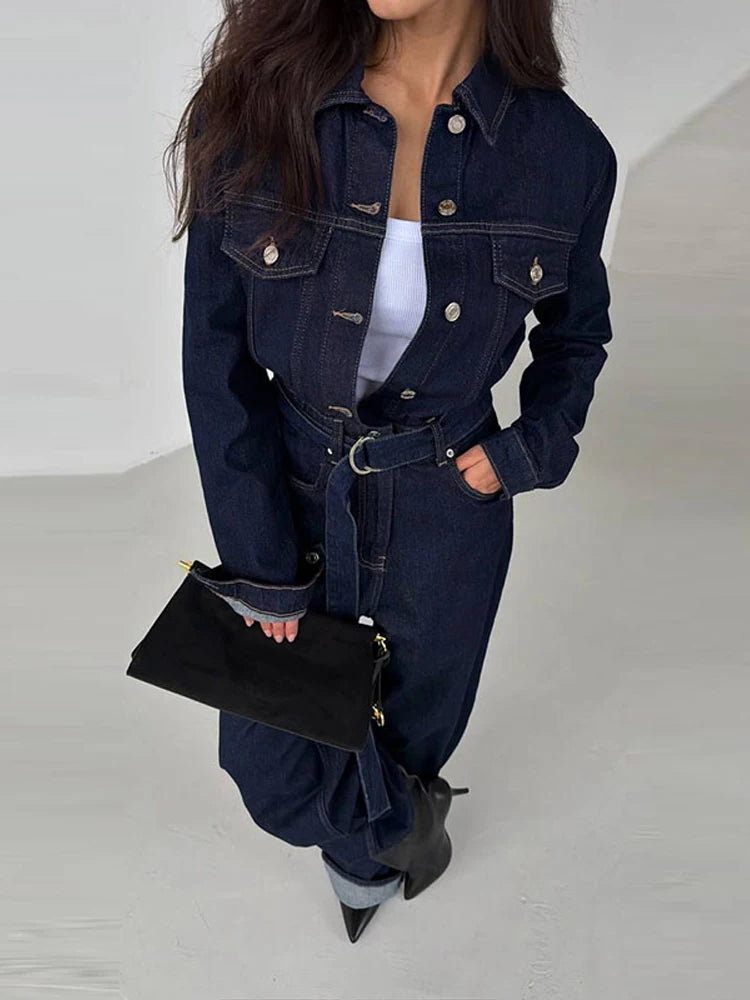 Chic Denim Women's Jumpsuit Turn-Down Collar Lace Up Full Sleeve Lady Long Jumpsuits 2026 Spring Casual Female Streetwear