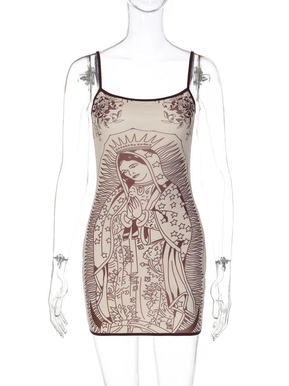 Dulzura Women'S Sexy Backless Madonna Print Spaghetti Strap Mini Dress Vintage Casual Summer Dress Party Vacation Street Outfit