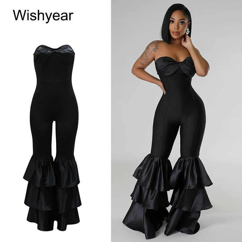 New One Pieces Jumpsuits Women Black Strapless Sleeveless Sexy Rompers Slim Fit Long Ruffles Flare Pant Night Club Even Overalls