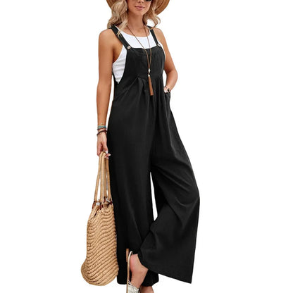 Women Casual Straps Jumpsuits Summer Autumn Harajuku Slim Wide Leg Trousers Dungaree Bib Overalls Elegant Sleeveless BF Jumpsuit