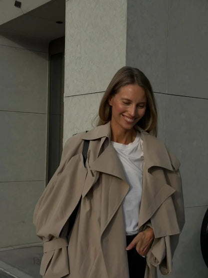 Women Khaki Long Color-block Stripe Trench Coat Wide Lapel Loose Drop Shoulder Blue Lining Slit Windbreaker Commute Outing Coats