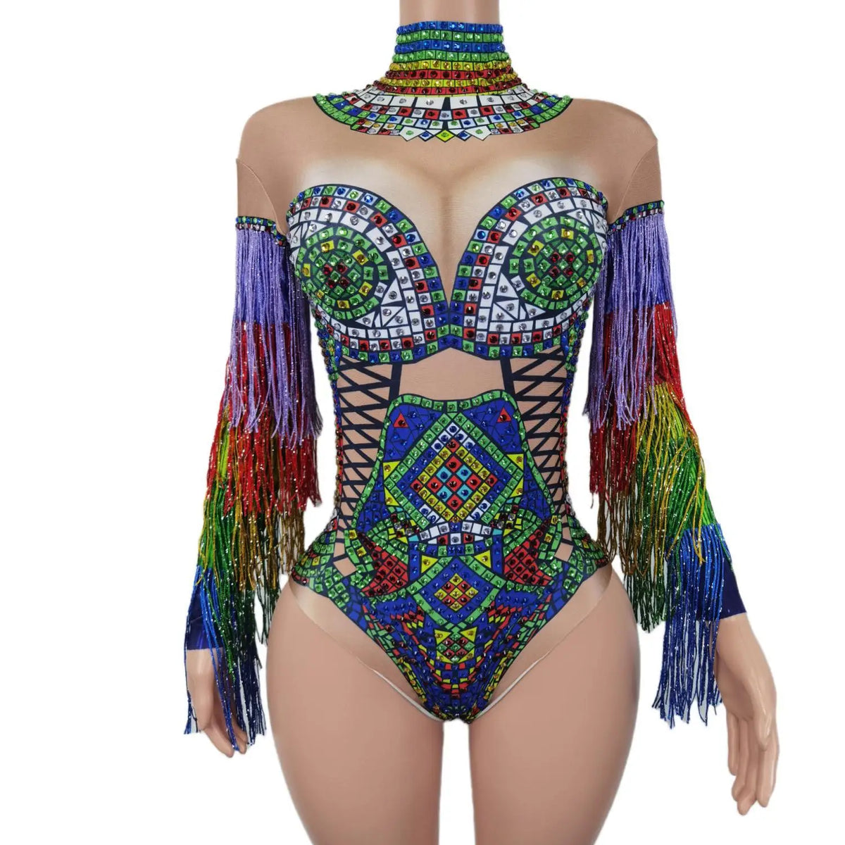 Sparkly Colorful Rhinestone Tassels Sleeves Jumpsuits Women Carnival Party Dance Costume Female Rompers Show One Piece Bodysuit