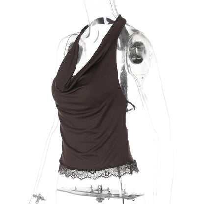 Dulzura Summer Fashion Sexy Halter Backless Lace Up Lace Ruffles Swinging Collar Vest Women'S Casual Y2K Top Party Club Clothes