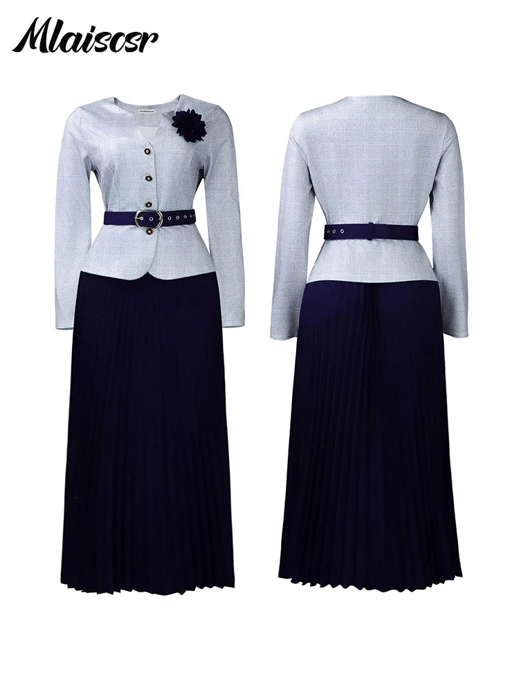 Mlaiscsr Fashion Plaid Blazer Suits for Woman Button 3D Floral Brooch Belt and Pleated Skirt 2 Piece Set Female Office Outfits