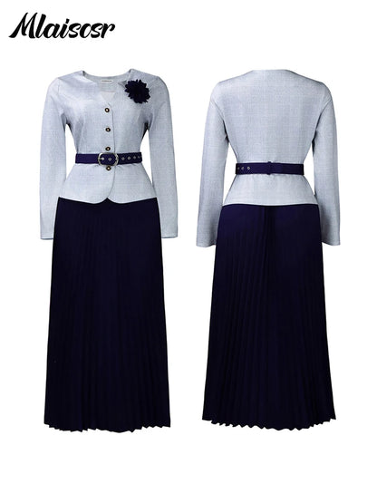 Mlaiscsr Fashion Plaid Blazer Suits for Woman Button 3D Floral Brooch Belt and Pleated Skirt 2 Piece Set Female Office Outfits