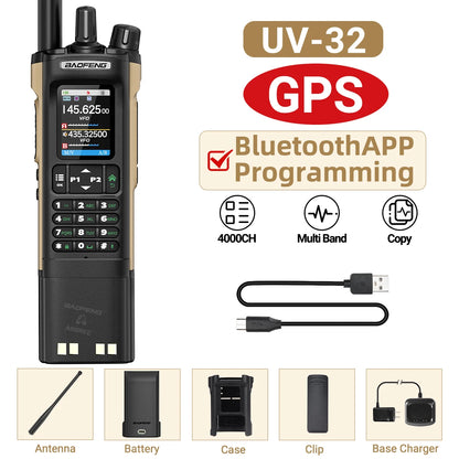 BAOFENG UV-32 GPS Walkie Talkie Long/Short Battery Wireless Copy Frequency Bluetooth Programming 1000CH Multi Band Two Way Radio