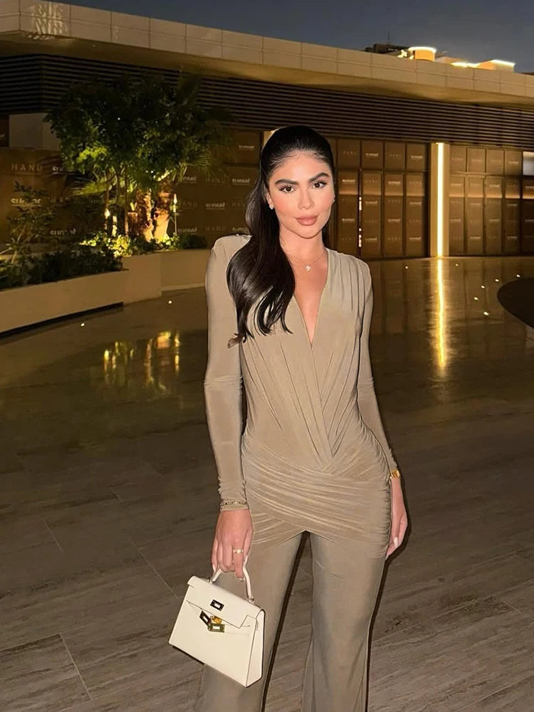Weird Puss Cross Ruched Jumpsuit Women Patchwork Deep v-Neck Full Sleeve Elegant Skinny Stretch Workout Office Classic Overalls