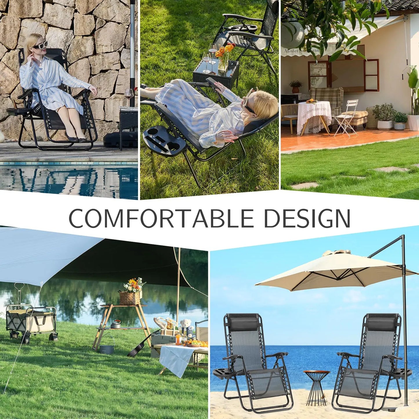 JHK Zero Gravity Portable Recliner Camping Patio Outdoor Garden Lounge Chair with Cup Holder Trays Adjustable Pillow for Backyard