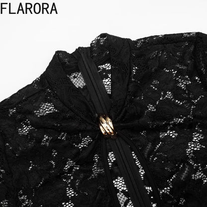 FLARORA Sexy Lace See Through Rompers Woman Hollow Metal Buckle V Neck Short Sleeve Ruched Patchwork Skinny Peach Hip Playsuits