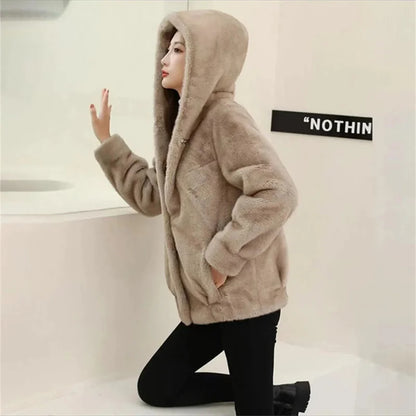 Short Hooded Mink Fur Temperament Thickened Fur One-Piece Mother Coat Hooded Leopard Fur Slimming And Age Reducing Winter New