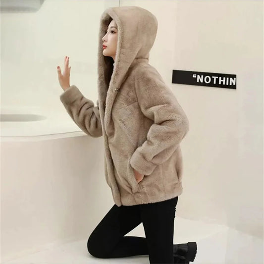 Short Hooded Mink Fur Temperament Thickened Fur One-Piece Mother Coat Hooded Leopard Fur Slimming And Age Reducing Winter New