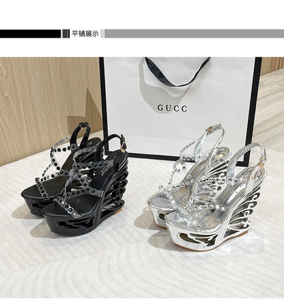 Voesnees Summer New Hollow Out Wedge Women's Pumps Shiny Sequins Fashion Party Shoes Club Heels Transparent Narrow Belt Sandals