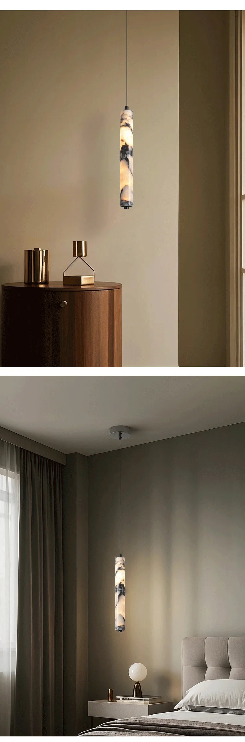 Luxury Black Cylinder Natural Stone Pendant Lamp High-end Bedside LED Chandelier Living Room Decoration Home Hanging Lights