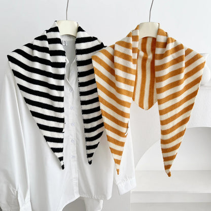 Versatile Striped Knitted Triangle Shawl Scarf Women Winter Warm Neck Wrap Casual Layering Scarves for Daily Street Accessory