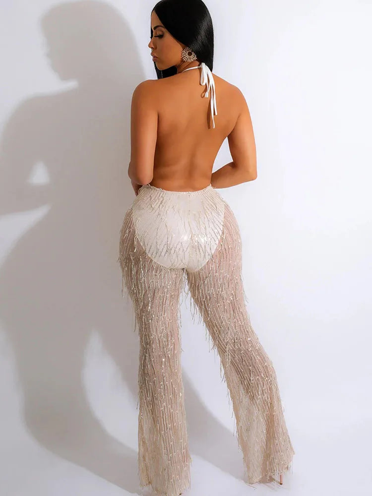Sexy Glitter Tassel Sequin Rompers Womens Jumpsuit Nightclub Party Halter Backless Overalls Mesh Sheer Patchwork Wide Leg Romper