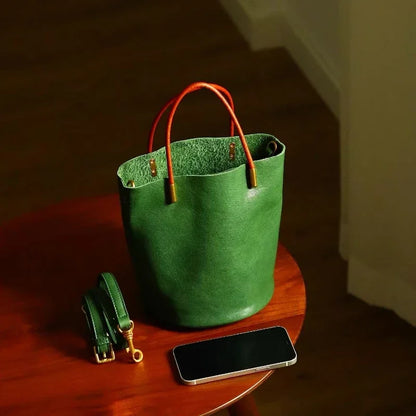 Luxury Leather Green Bucket Bag Retro Metal Handle Large Capacity Tote Bag Fashionable Casual Solid Color Shoulder Bag